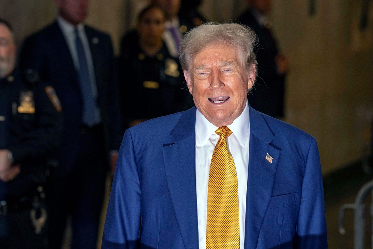 NEW YORK, NEW YORK - MAY 2: Former U.S. President Donald Trump speaks to the media outside of court during his trial for allegedly covering up hush money payments at Manhattan Criminal Court on May 2, 2024 in New York City. Former U.S. President Donald Trump faces 34 felony counts of falsifying business records in the first of his criminal cases to go to trial.  (Photo by Mark Peterson-Pool/Getty Images)