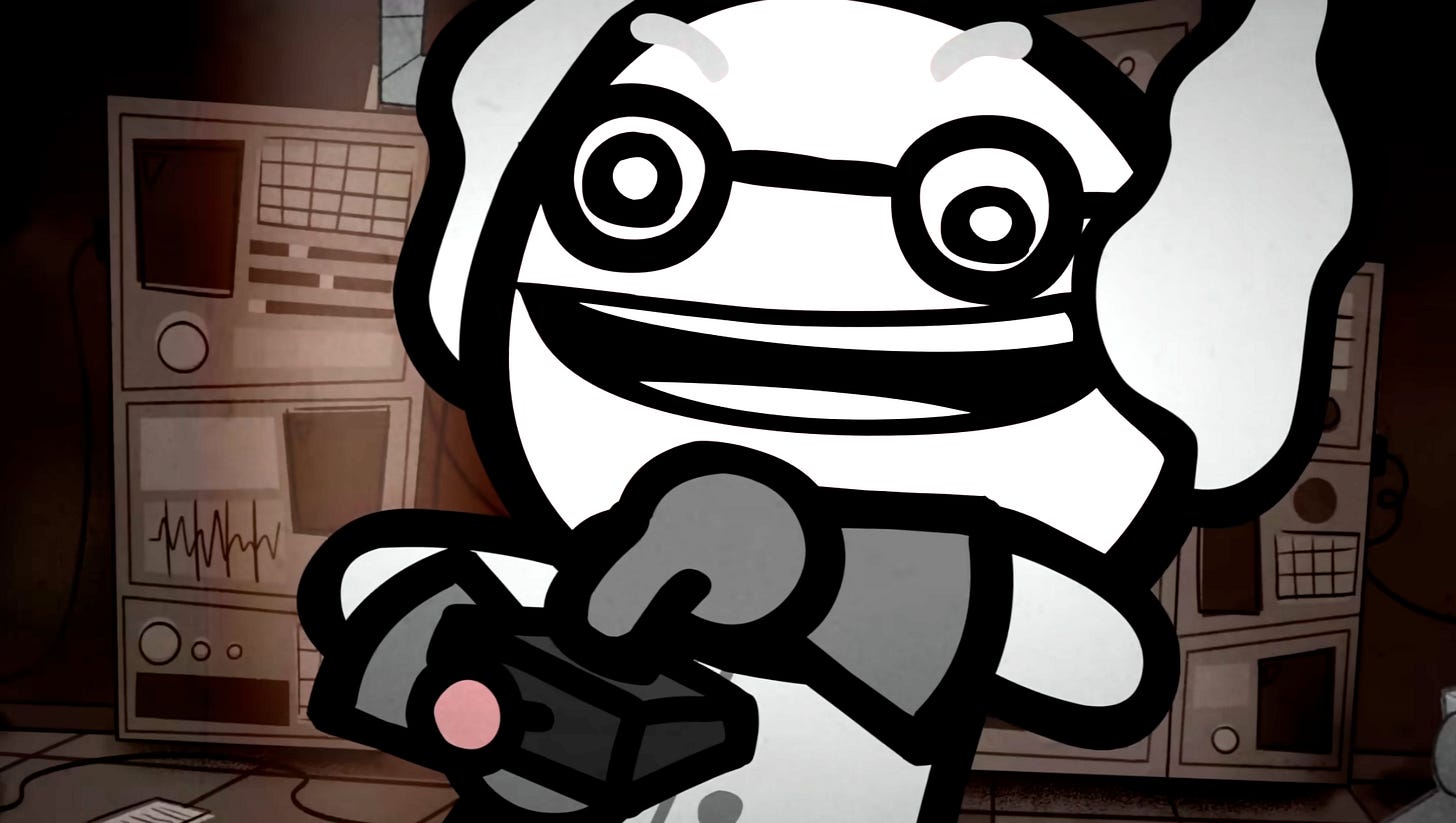 An evil scientists presses a big button on a remote in Mewgenics