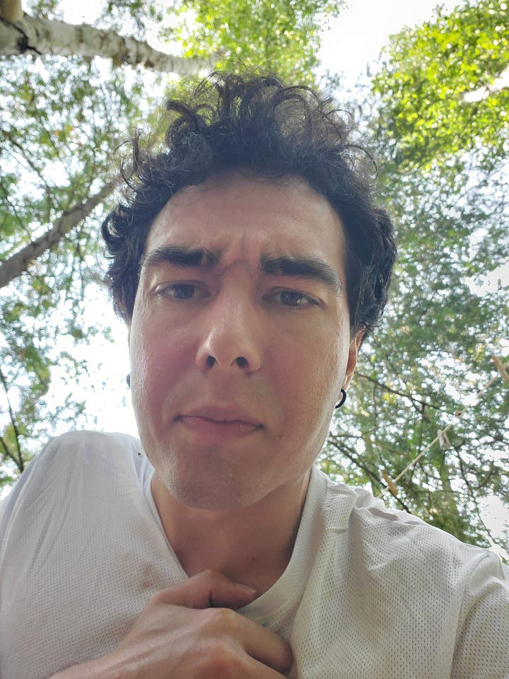 Gustave Deresse (Lee G. Dupont), not an outdoorsman, attempting to discern the origins of strange poop found outside.