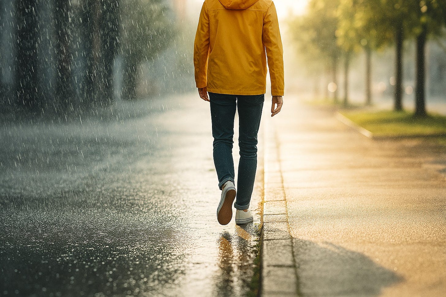 A person steps from a rain-soaked street onto a dry, sunlit sidewalk, symbolizing the conscious choice to leave a difficult situation behind.