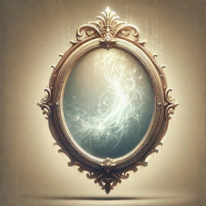 An ornate, vintage oval mirror with intricate gold detailing hangs against a softly glowing background. Instead of a reflection, the mirror holds a swirling, luminous pattern of white energy or light threads, as if capturing a cosmic current or ethereal force within. The scene evokes a sense of mystery, magic, and the unseen layers of reality.