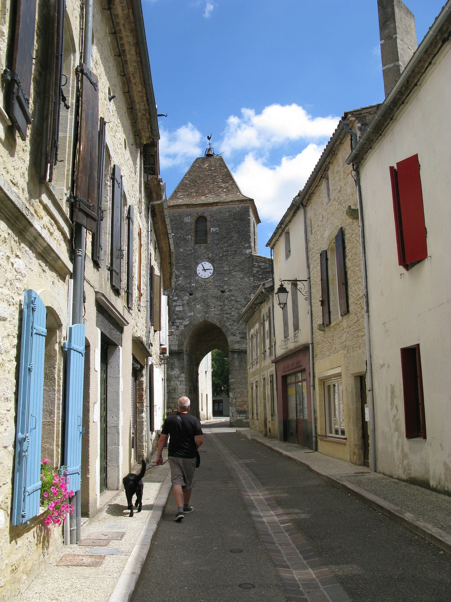 A man and his labrador walking up a street with an arch at the end with a clock face and small tower