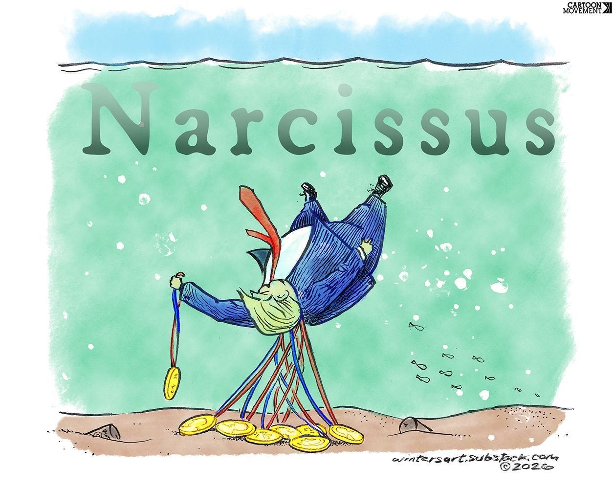 Cartoon showing the body of Donald Trump floating underwater, weighed down by the many golden medals he is wearing. The caption of the cartoon reads: 'Narcissus'