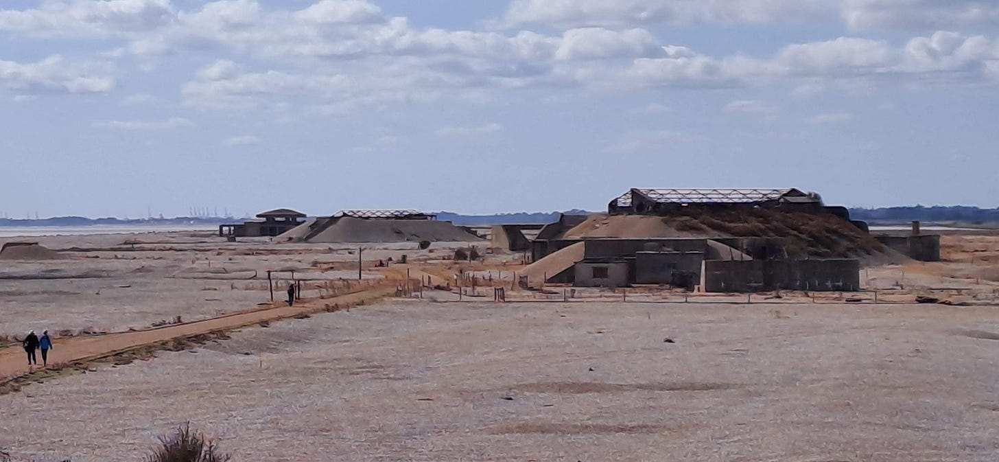 The labs or ‘pagodas’ seen from the 'Black Beacon' on Orford Ness.