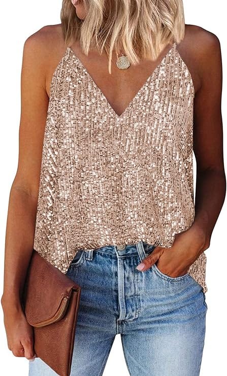 miduo Womens Tanks Tops Summer Sparkle Sequin Tops V Neck Tank Top Shirts | Womens Tanks Tops Plus Size Sparkle Sequin Tops Straps V Neck Cami Shirts Sequin Sleevelss Blouses Tops Party Orange XXL