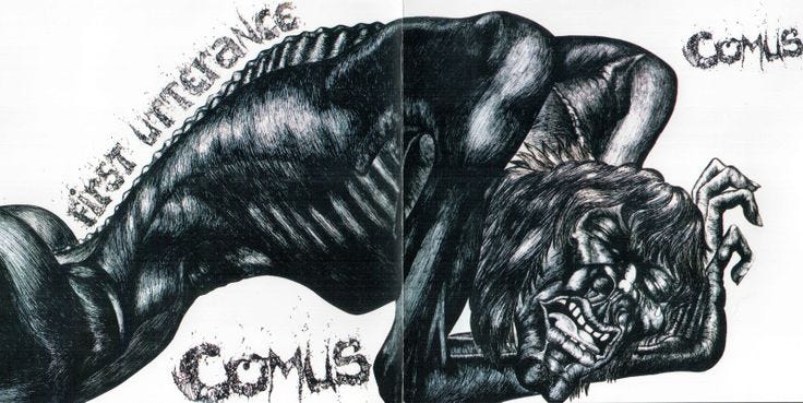 The album First Utterance by Comus. According to Wikipedia, The cover artwork was drawn in ball point pen by Roger Wootton, lead singer and songwriter of the band. The centerfold artwork was painted by guitarist Glenn Goring. The disturbing black and white image perhaps depicts the twisted contorted Pagan God of Comus itself.