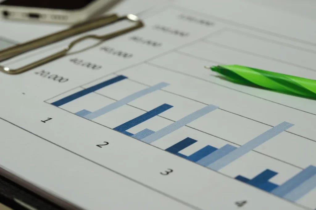Close-up of a bar graph in shades of blue on a report, accompanied by a green pen and a paper clip, with a smartphone nearby.