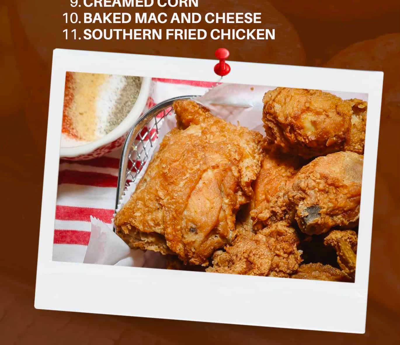 Pinned photograph of crispy Southern fried chicken featured among iconic soul food dishes, symbolizing the preservation of authentic Black Southern recipes and cultural storytelling by Shaunda Necole of The Soul Food Pot® in her Black History Month Soul Food Stories series.