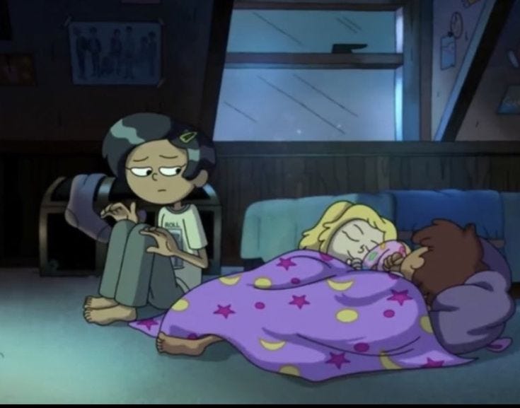 Screenshot from Amphibia of Marcy Wu looking back sadly at Anne and Sasha who have fallen asleep again while watching Marcy's favorite show.