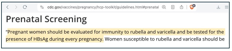 Screenshot CDC prenatal screening guidelines Screenshot CDC prenatal screening guidelines