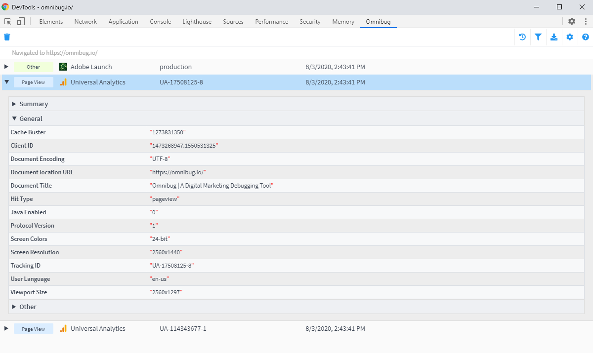 Screenshot of Omnibug's interface in Chrome showing multiple requests on omnibug.io