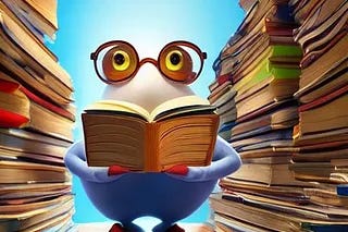 Cartoon critter between stacks of books, reading a book.