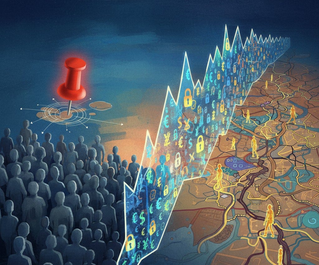 Digital collage of people on a map facing a translucent barrier studded with spikes, dollar signs and locks, pierced by a red pushpin, representing how algorithmic consensus blocks diverse signals.