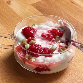raspberries, rhubarb and cream
