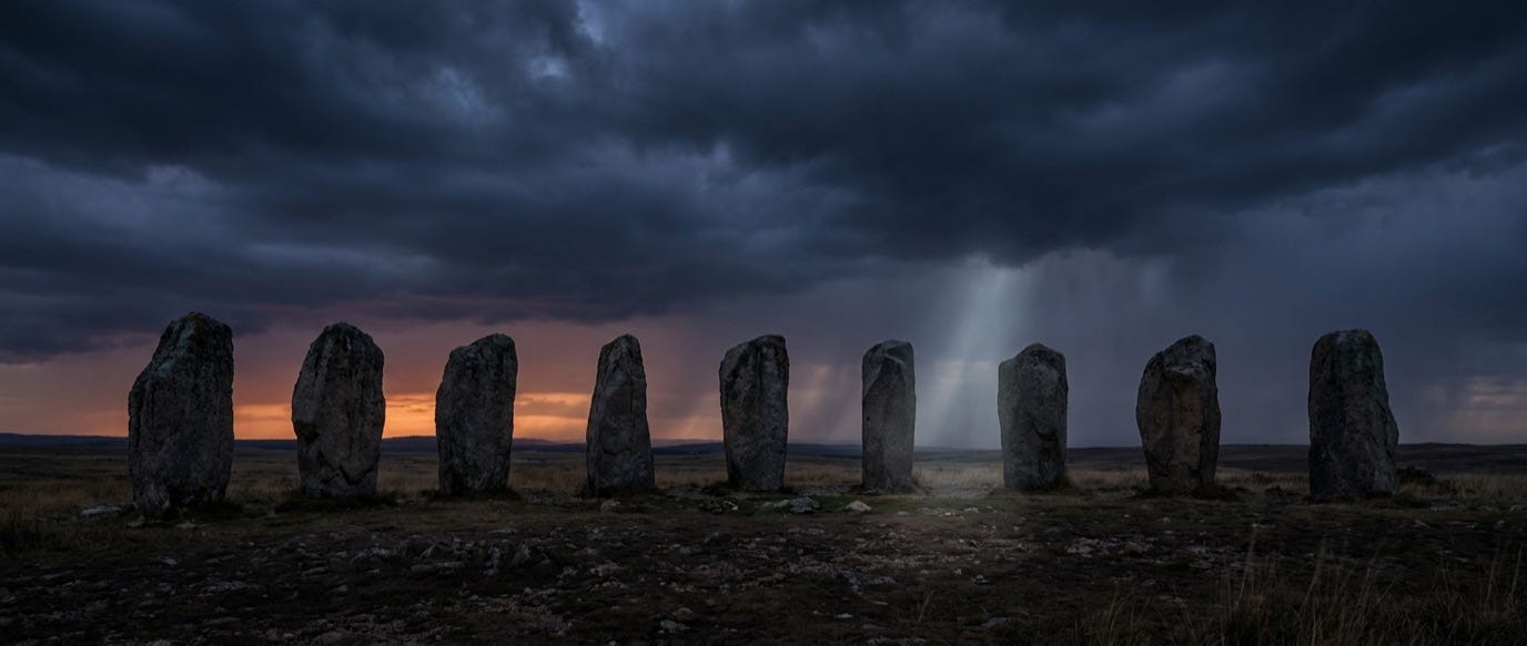 Ten standing stones in mist