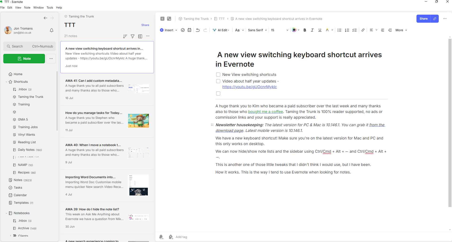 A new view switching keyboard shortcut arrives in Evernote