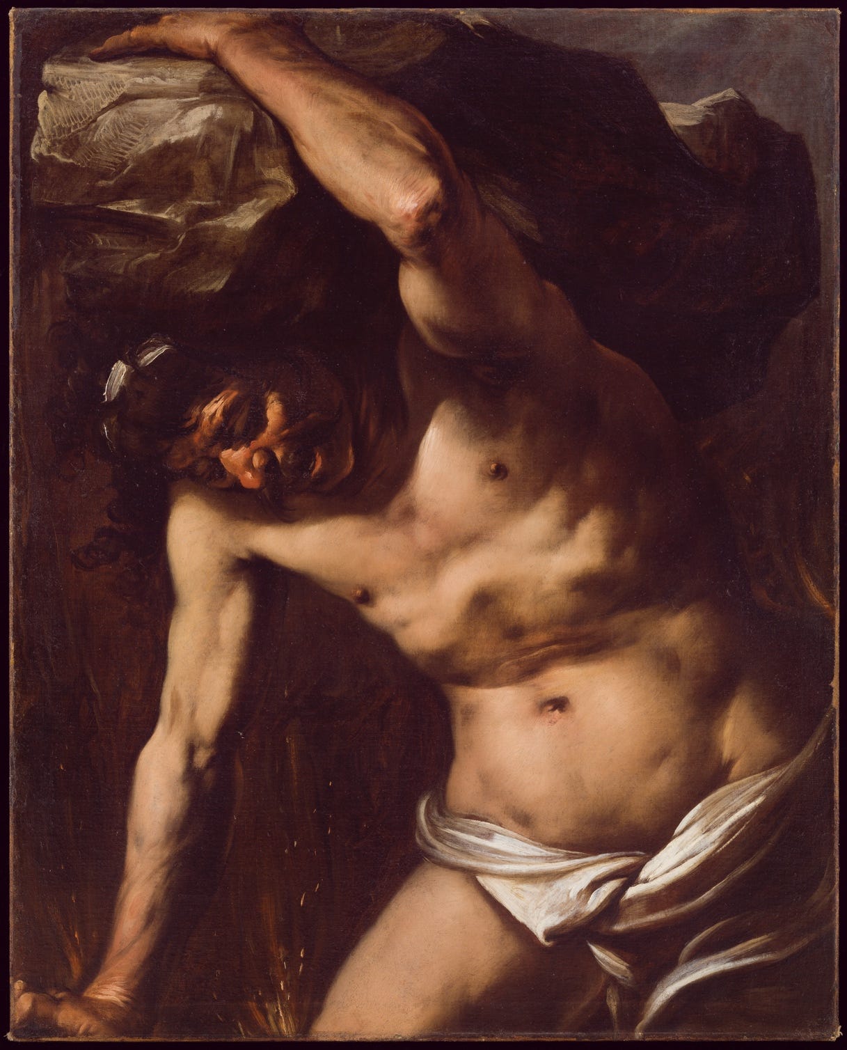 A painting of a person carrying a rock

Description automatically generated