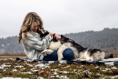 3 photos one with brown and white dog with woman, black and white dog with woman in plaid shirt, white dog and woman in black