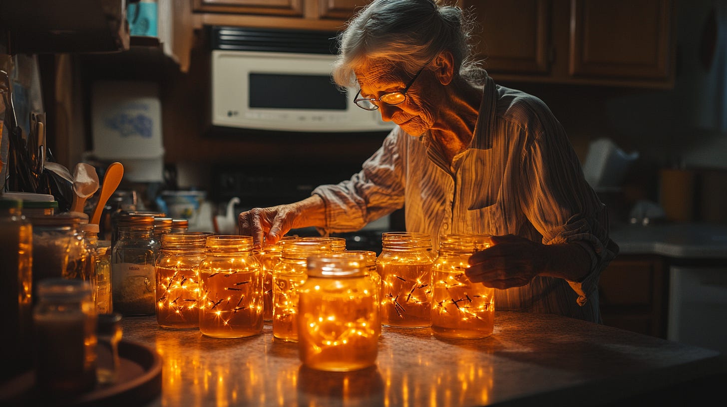The old woman gently placed live fireflies into mason jars of clear honey, creating an ethereal, pulsing amber glow on her midnight kitchen counter. In the style of Kodak Portra 800 --ar 16:9 --v 6.1 The old woman gently placed live fireflies into mason jars of clear honey, creating an ethereal, pulsing amber glow on her midnight kitchen counter. In the style of Kodak Portra 800 --ar 16:9 --v 6.1