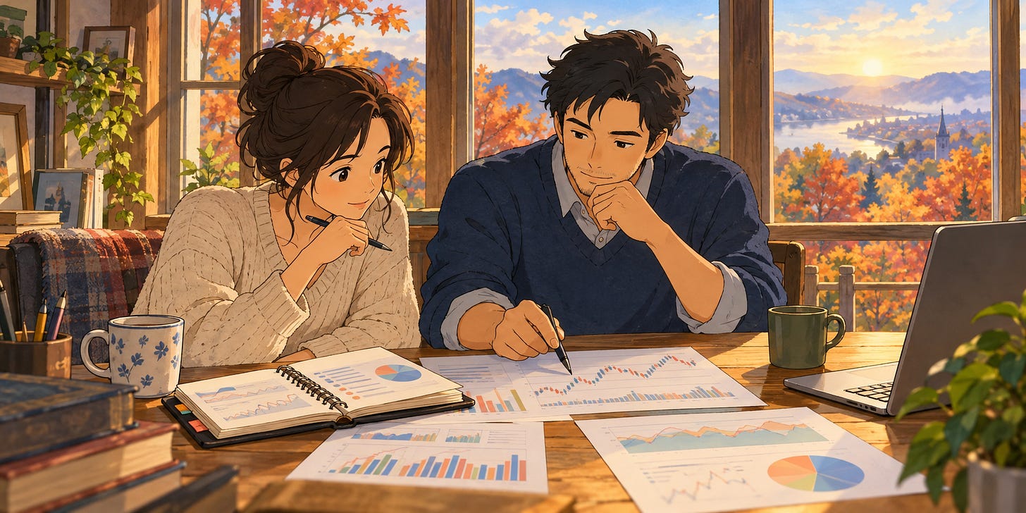 Two analysts reviewing options research in an office, with autumn trees outside the windows. Two analysts reviewing options research in an office, with autumn trees outside the windows.