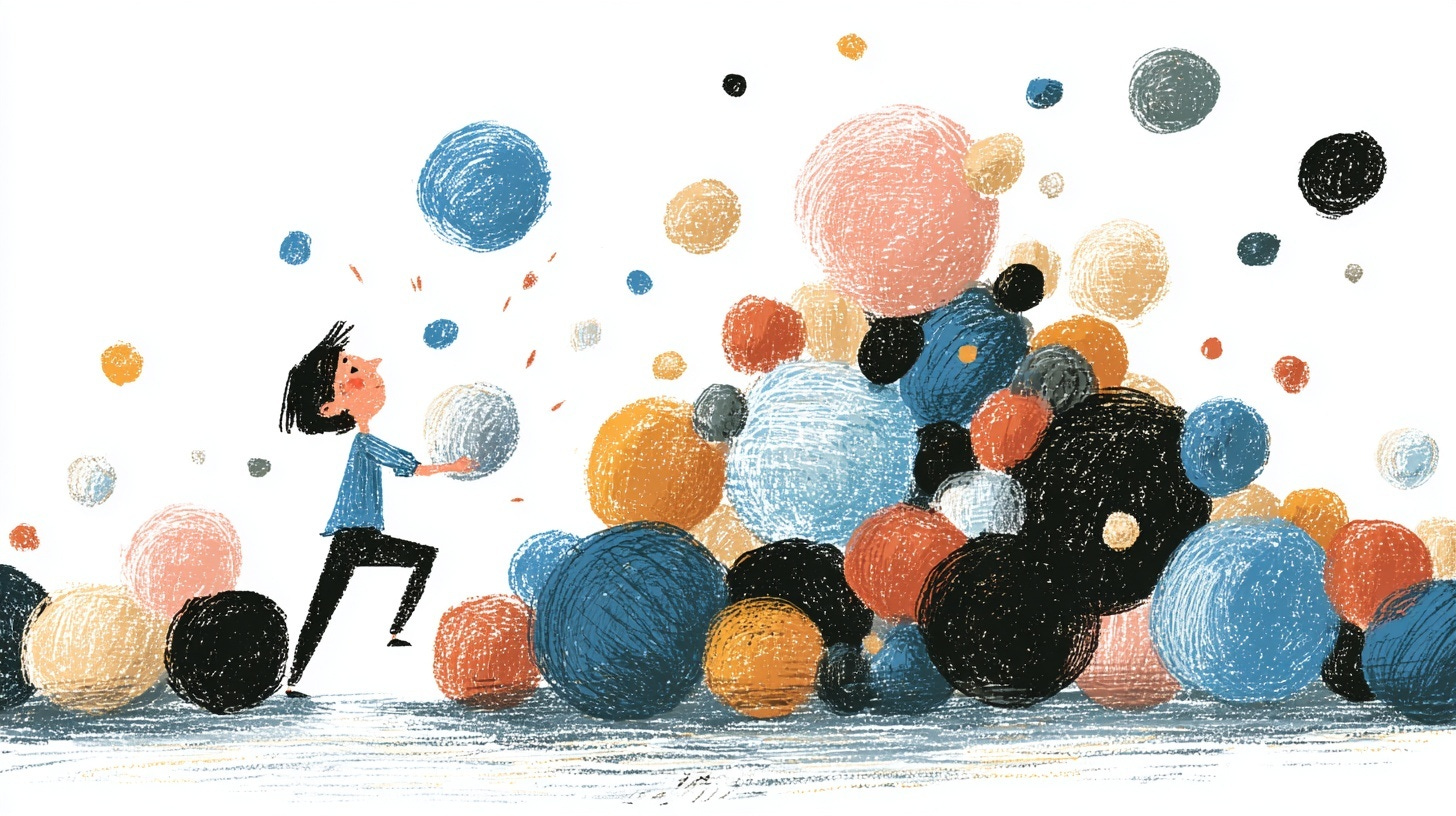 llustration of a person juggling or carrying many large colourful balls as more pile up around them.