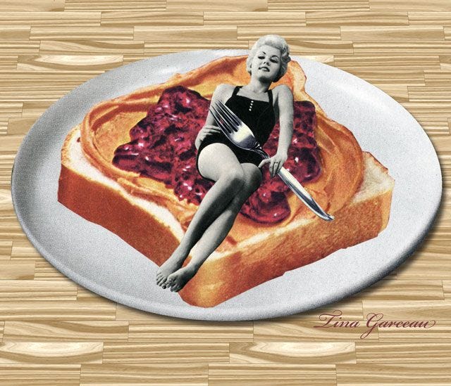 This may contain: a woman sitting on top of a piece of toast with jelly in the shape of a heart This may contain: a woman sitting on top of a piece of toast with jelly in the shape of a heart