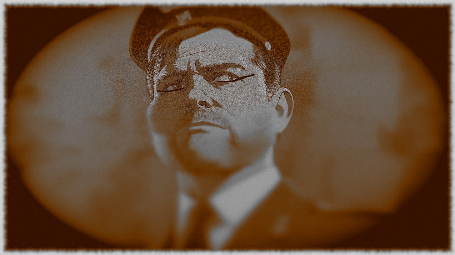 A stylized portrait of JD Vance, done & brown & white and suggesting it's a very old photograph, in which Vance sports a Hitlerish mustache and wears a Brown Shirt cap. A stylized portrait of JD Vance, done & brown & white and suggesting it's a very old photograph, in which Vance sports a Hitlerish mustache and wears a Brown Shirt cap.