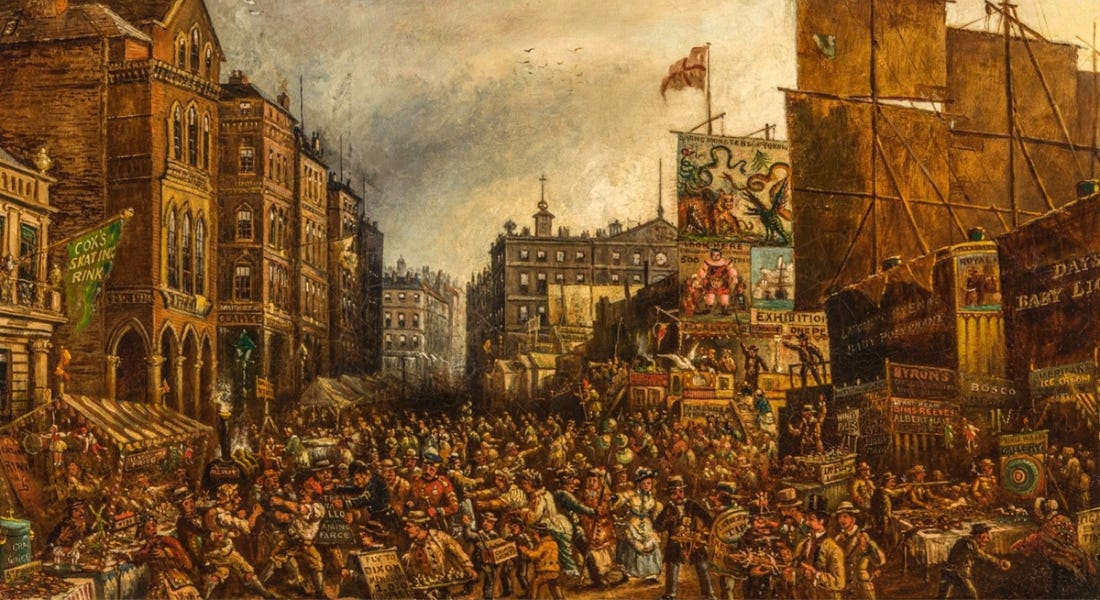 A painting of a crowd of people with buildings around them A painting of a crowd of people with buildings around them