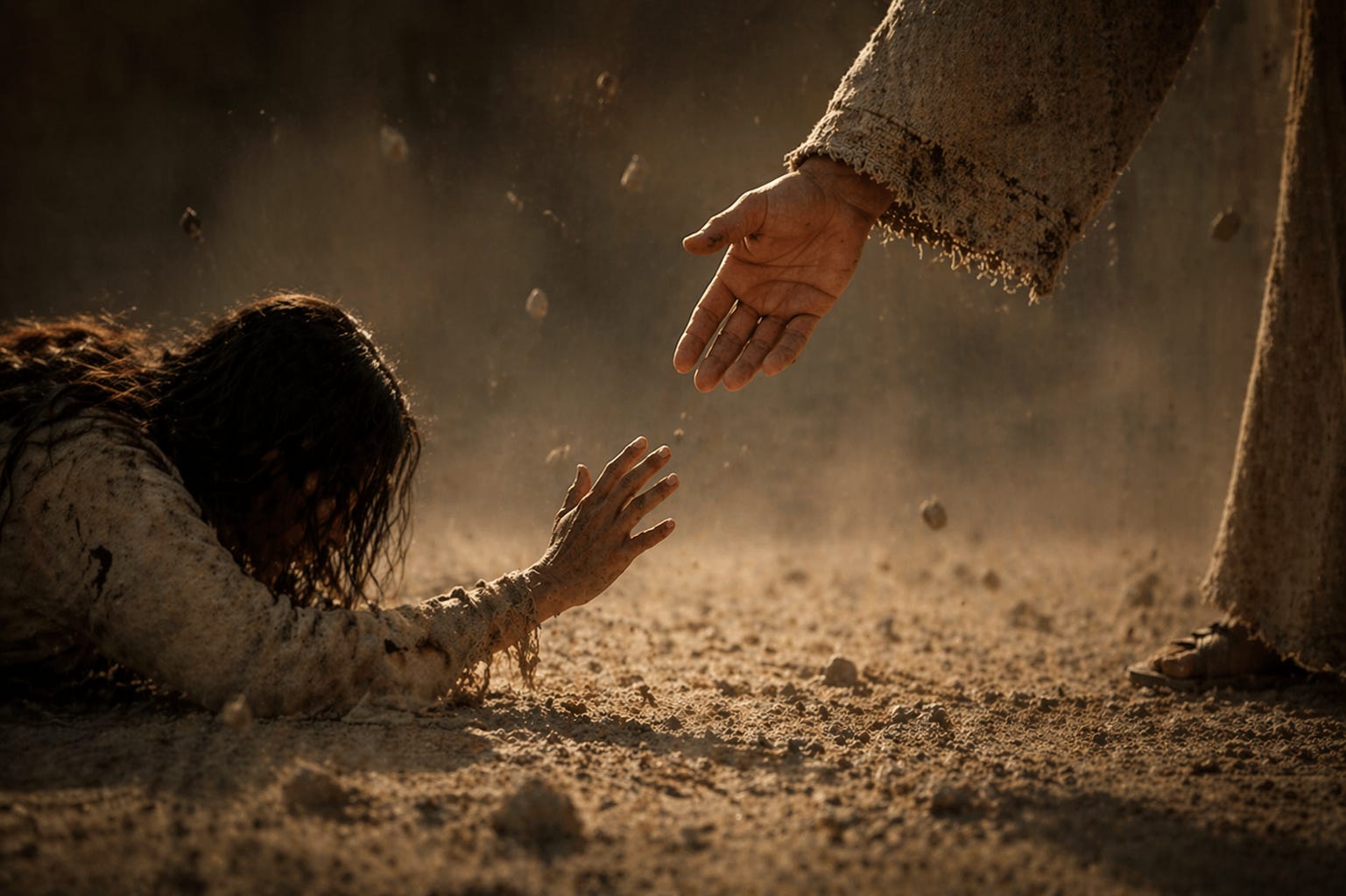 A hand reaches down into the dust, not waiting for perfection, only a response. A woman, low to the ground, reaches up with what little strength remains. Between them is the moment everything changes—where grace meets surrender, and peace begins.