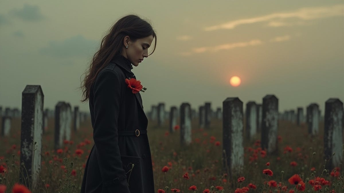 Image shows a background of graves, and the setting sung shining faintly through the clouds. A woman with a black coat and her head bowed, walks in the foreground, a red poppy on her coat, and red poppies in the grass around her.