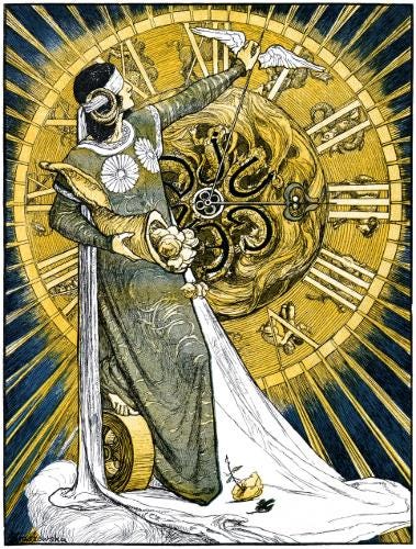 A Blindfolded Person Standing in Front of a Clock Emitting Solar Rays A Blindfolded Person Standing in Front of a Clock Emitting Solar Rays