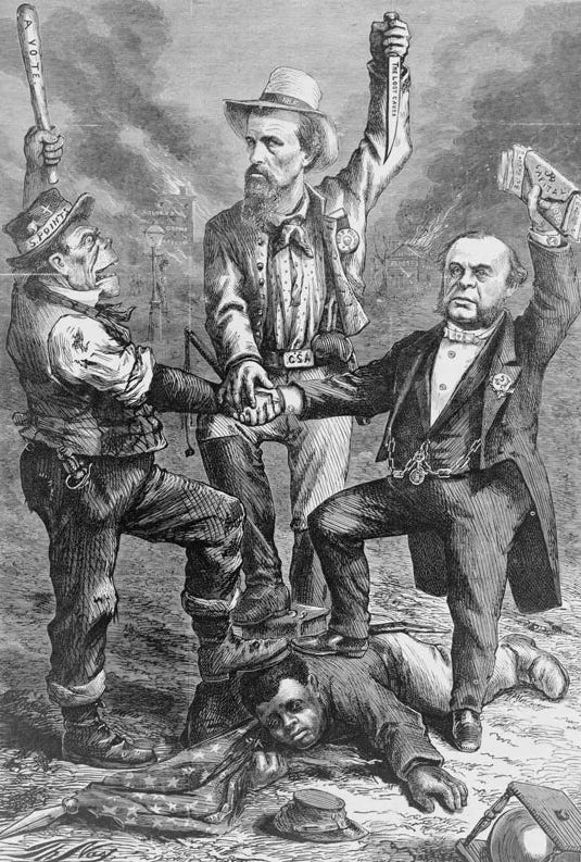 “This Is a White Man's Government,” political cartoon by Thomas Nast, published in Harper's Weekly, Sept. 5, 1868. Atop a black Civil War veteran are a “Five Points Irishman,” Ku Klux Klan founder Nathan Bedford Forrest, and Wall Street financier and Democrat August Belmont. (Could also be Donald Trump, Elon Musk and Linda McMahon.)