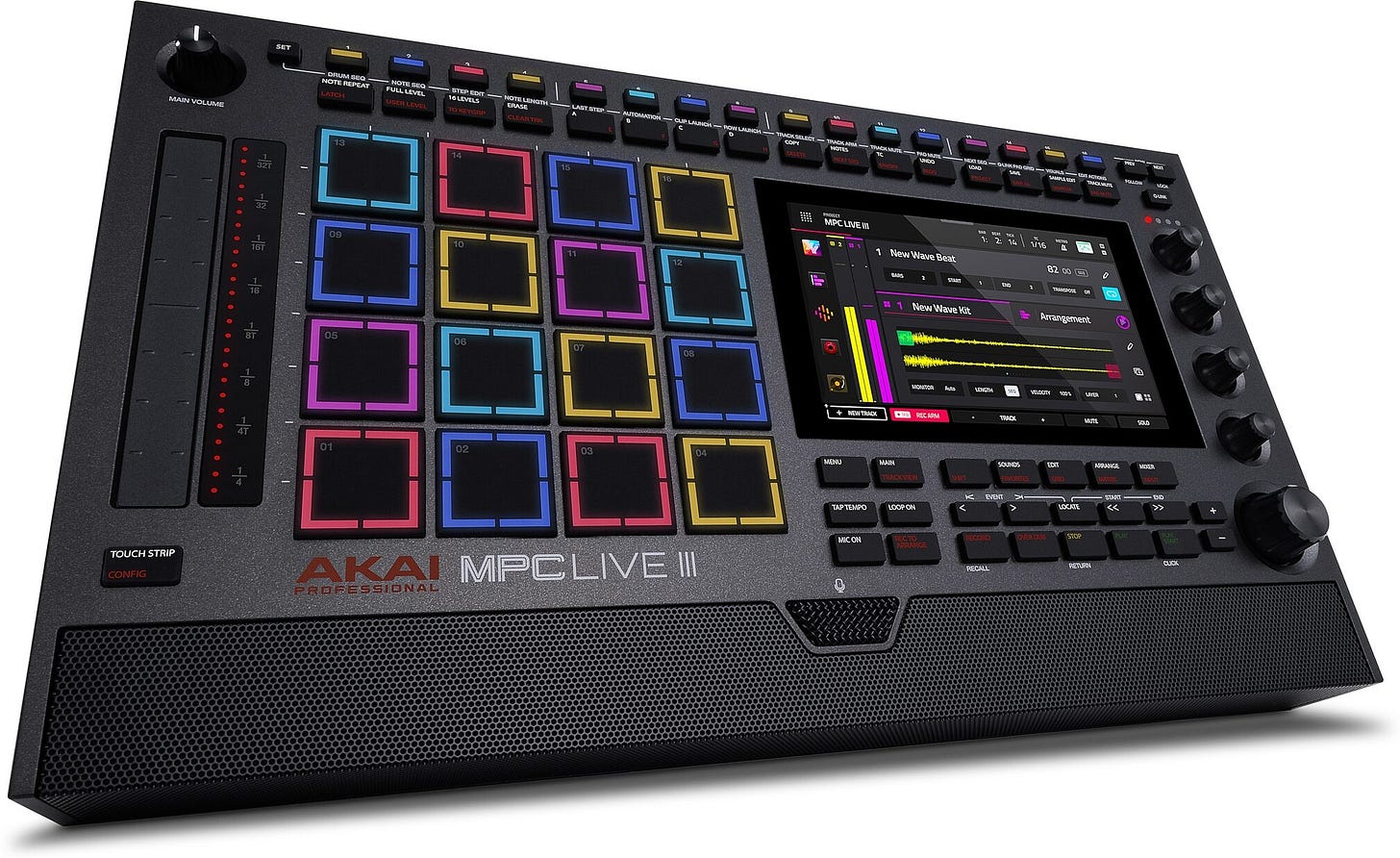 The Akai MPC Live III, a standalone music production center, sitting on a wooden desk with studio monitors in the background.