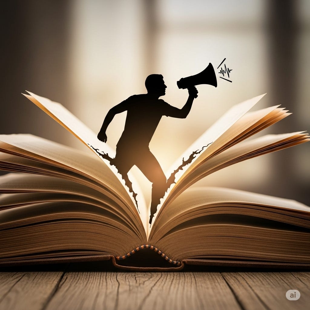 silhouette of a man with a megaphone emerging from the pages of a book silhouette of a man with a megaphone emerging from the pages of a book
