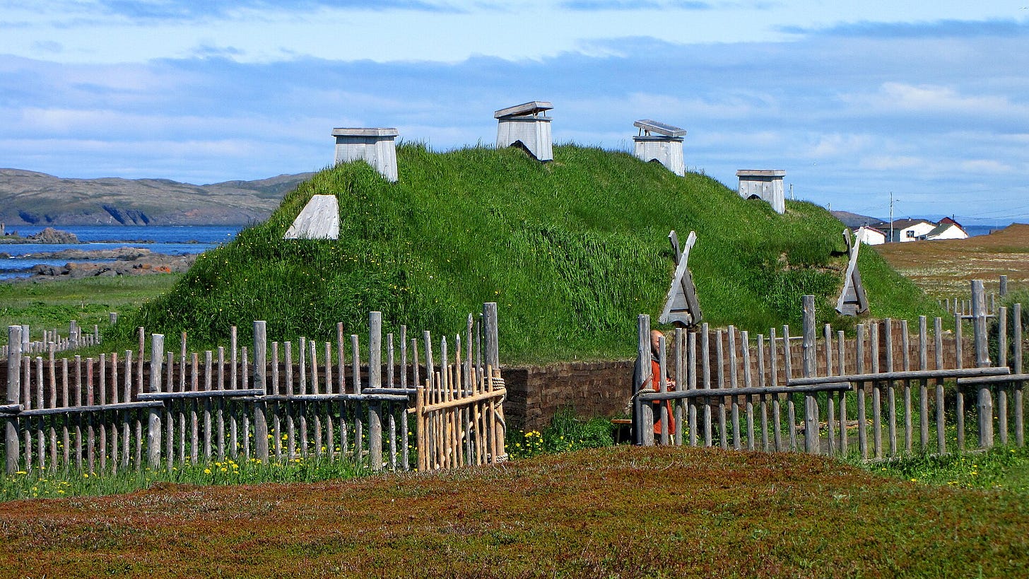 Reconstructed Viking longhouses at L'Anse aux Meadows, Newfoundland Reconstructed Viking longhouses at L'Anse aux Meadows, Newfoundland