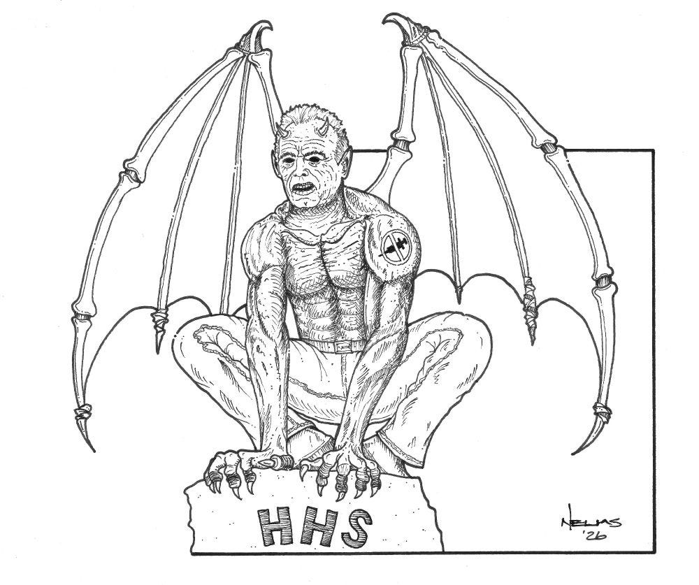 Political cartoon featuring RFK Jr as a gargoyle demon sitting on a stone carved with the letters HHS (Health and Human Services) which he heads. The tattoo on his shoulder is an anti vaccine logo.