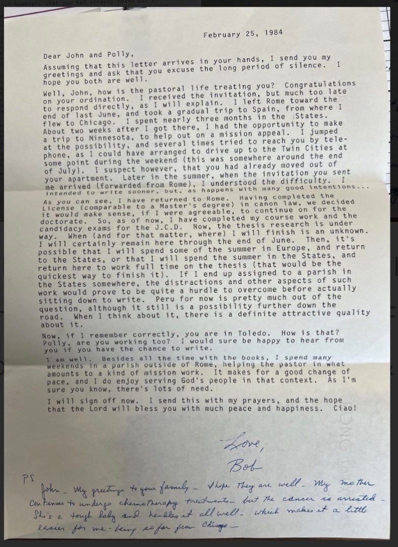 Robert Prevost’s Feb. 25, 1984, letter from Rome to John and Polly Robert Prevost’s Feb. 25, 1984, letter from Rome to John and Polly