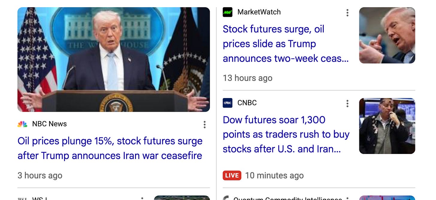 Screen shot of google news showing stock market price fluctuations