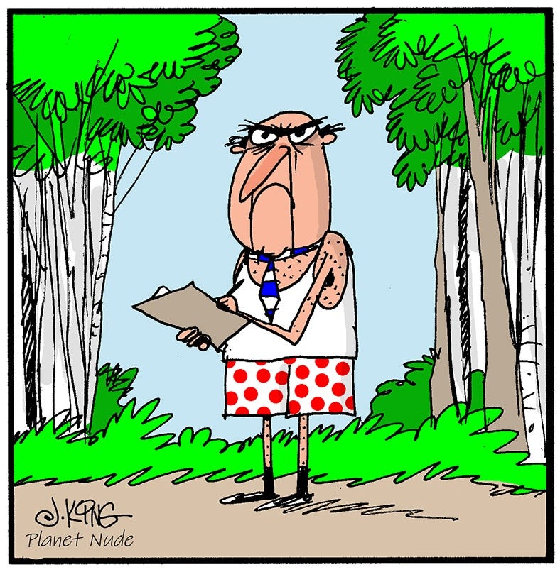 Panel 3: A scowling man in a tank top, polka-dot shorts, socks, shoes, and a tie stands alone taking notes on a clipboard.
