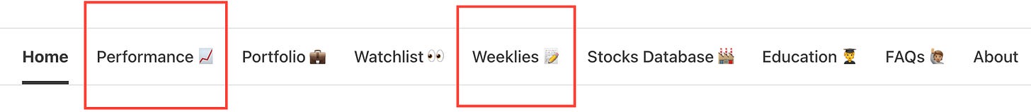 Beating The Tide website top navigation bar screenshot showing new tabs for Performance and Weeklies added for easier access to portfolio returns and weekly investing newsletter archive