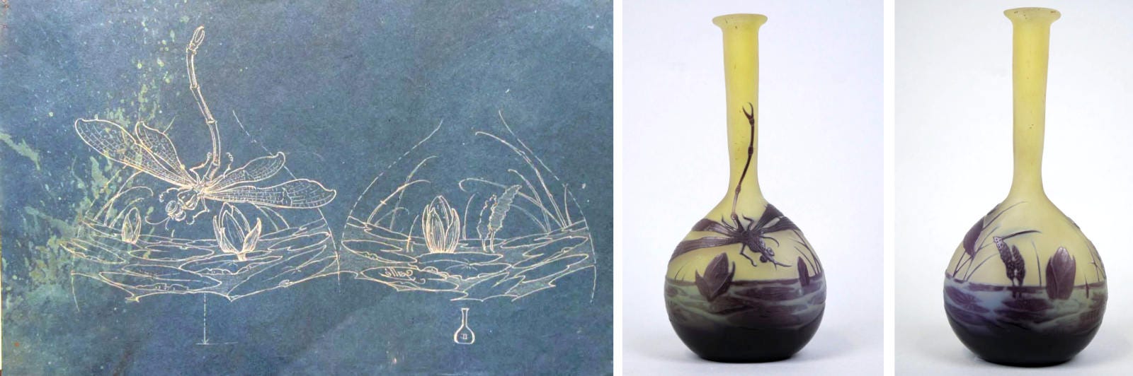 Dragonfly over water lilies, blueprint for making pouncing pattern, 18 x 27 cm, Anticthermal 18 February 2002, lot 270. Note the Mk III signature in reverse (left); specimen of the vase, with an Mk IV signature, Morand & Morand, 28 November 2023, lot 198. Dragonfly over water lilies, blueprint for making pouncing pattern, 18 x 27 cm, Anticthermal 18 February 2002, lot 270. Note the Mk III signature in reverse (left); specimen of the vase, with an Mk IV signature, Morand & Morand, 28 November 2023, lot 198.