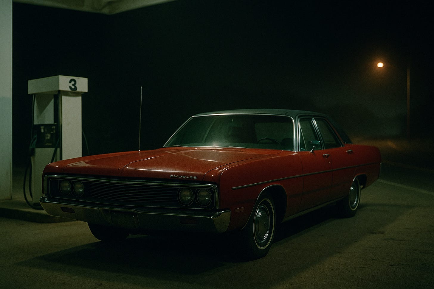 A vintage red Chrysler parked alone under a gas-station canopy at night, faint mist in the air, light from a single streetlamp casting a quiet glow.