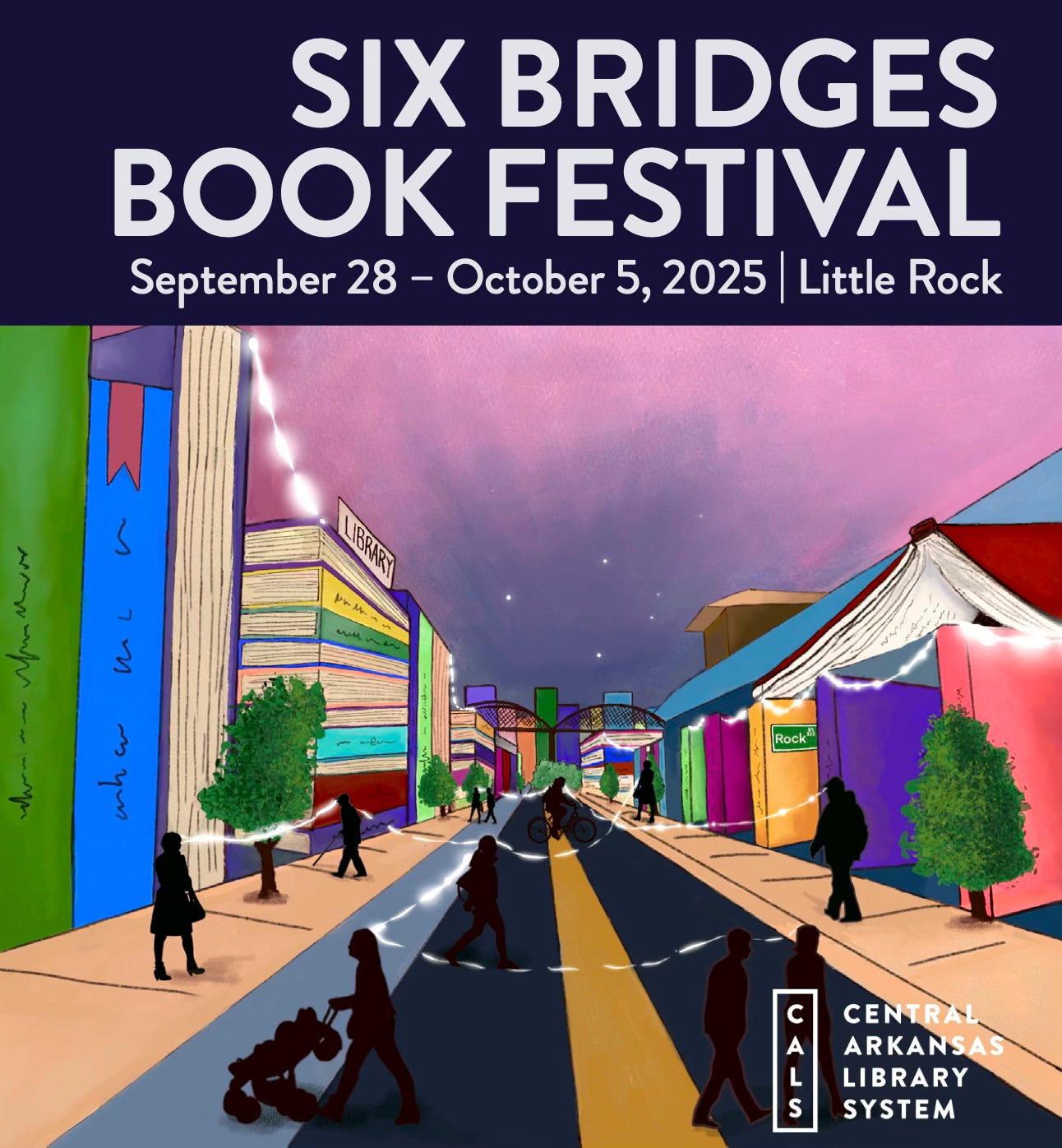 An illustration of a city street with buildings made of giant books for the Six Bridges Book Festival. An illustration of a city street with buildings made of giant books for the Six Bridges Book Festival.