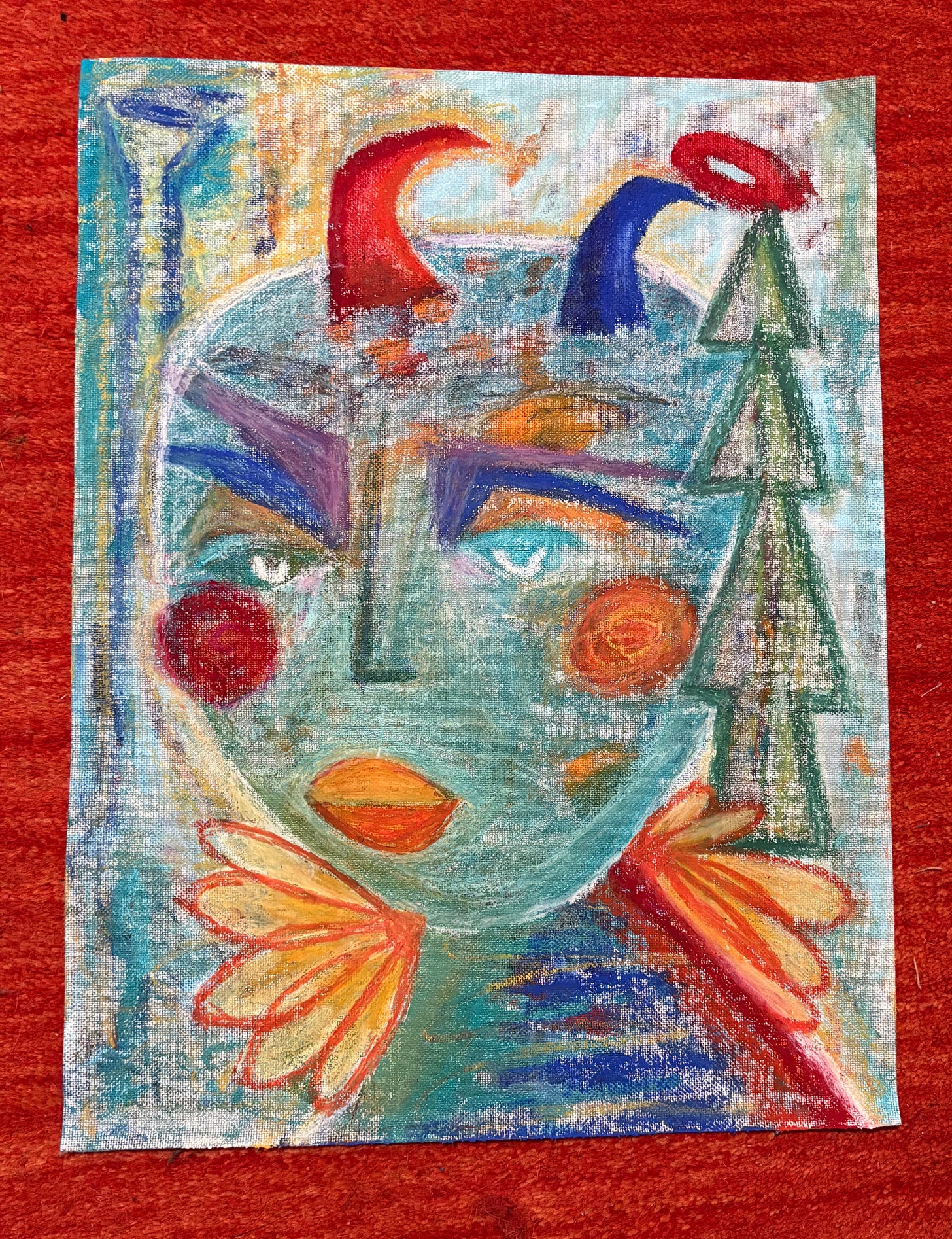 A pastel drawing of an angel-demon with an evergreen tree behind it on an abstract background.