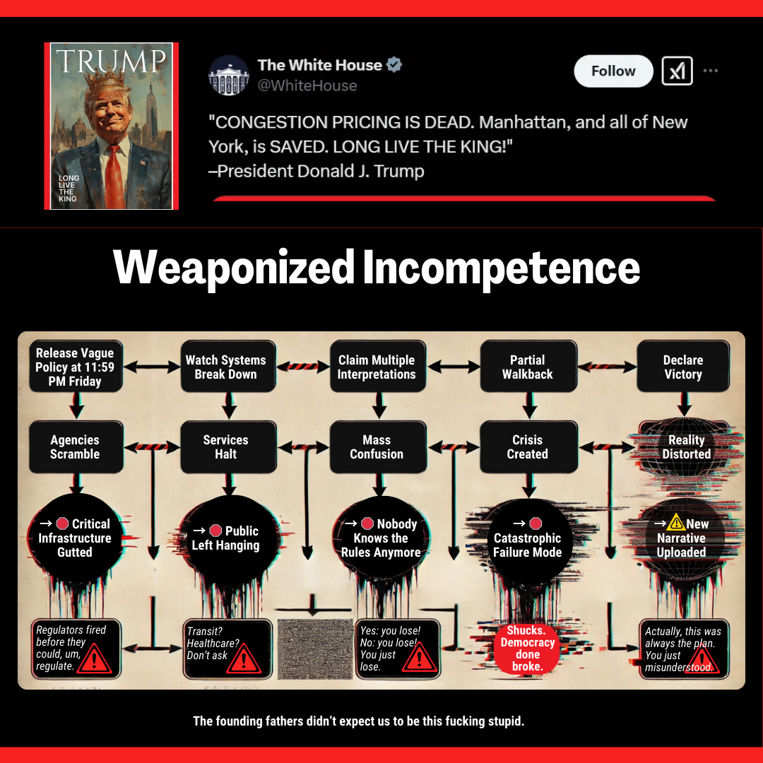 A satirical flowchart showing the cycle of weaponized incompetence, starting with a vague policy drop, leading to agency confusion, service breakdowns, media chaos, a partial retreat, and then total reality distortion. The graphic uses vintage instruction-manual aesthetics with glitch effects, warning signs, and red alerts symbolizing collapse. A satirical flowchart showing the cycle of weaponized incompetence, starting with a vague policy drop, leading to agency confusion, service breakdowns, media chaos, a partial retreat, and then total reality distortion. The graphic uses vintage instruction-manual aesthetics with glitch effects, warning signs, and red alerts symbolizing collapse.