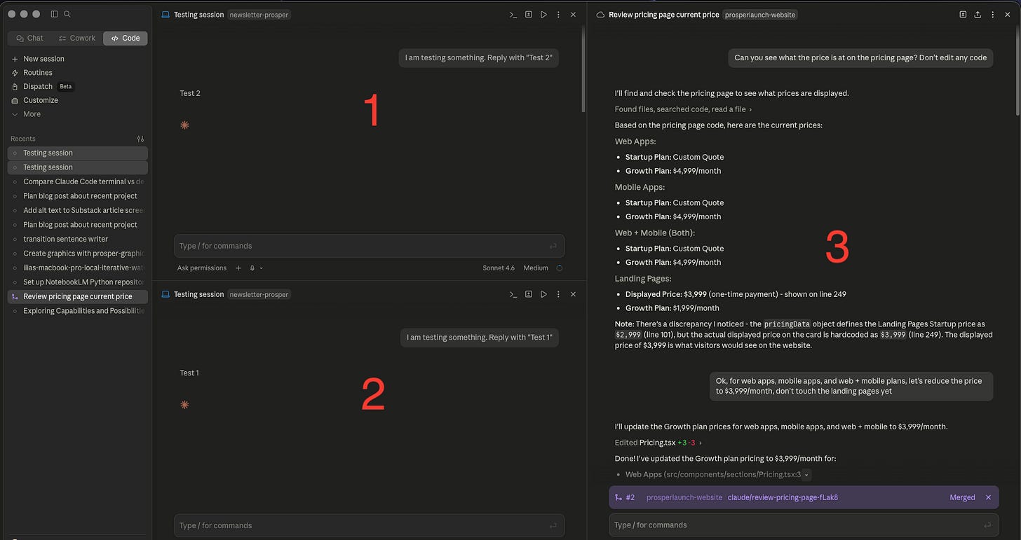 Desktop app with 3 sessions visible in sidebar, active session highlighted, others dimmed