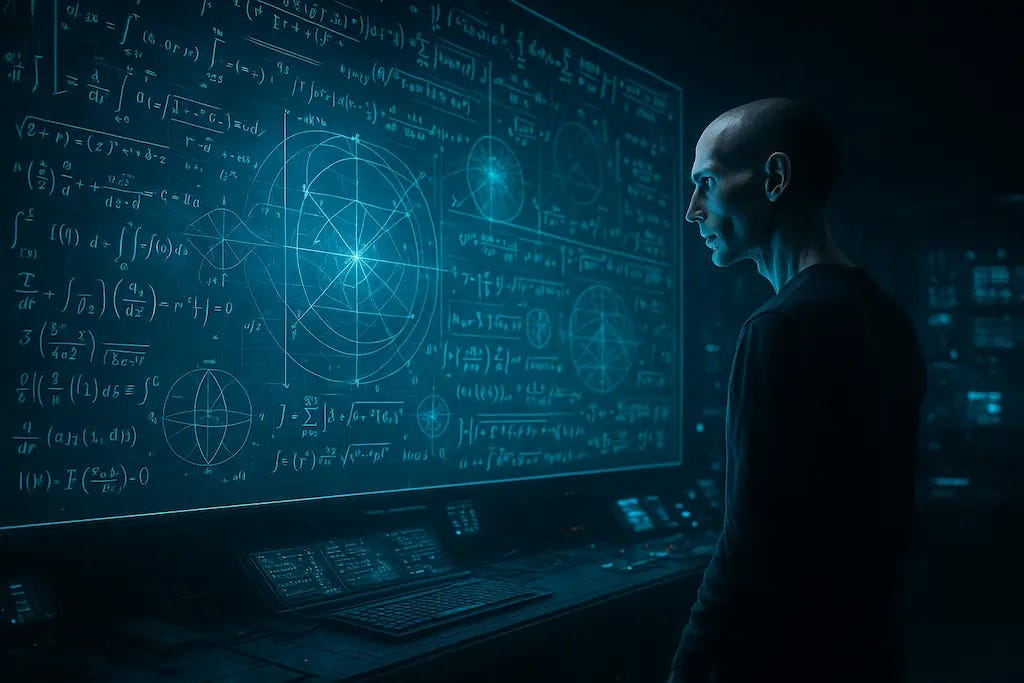 Fifteen, homem de aparência levemente mutante com feições marcantes e expressão concentrada, observa uma enorme tela holográfica azul repleta de equações multidimensionais em uma sala de controle futurista e escura.