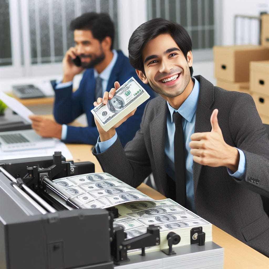 Imagen de un empresario feliz operado una maquina que imprime dinero