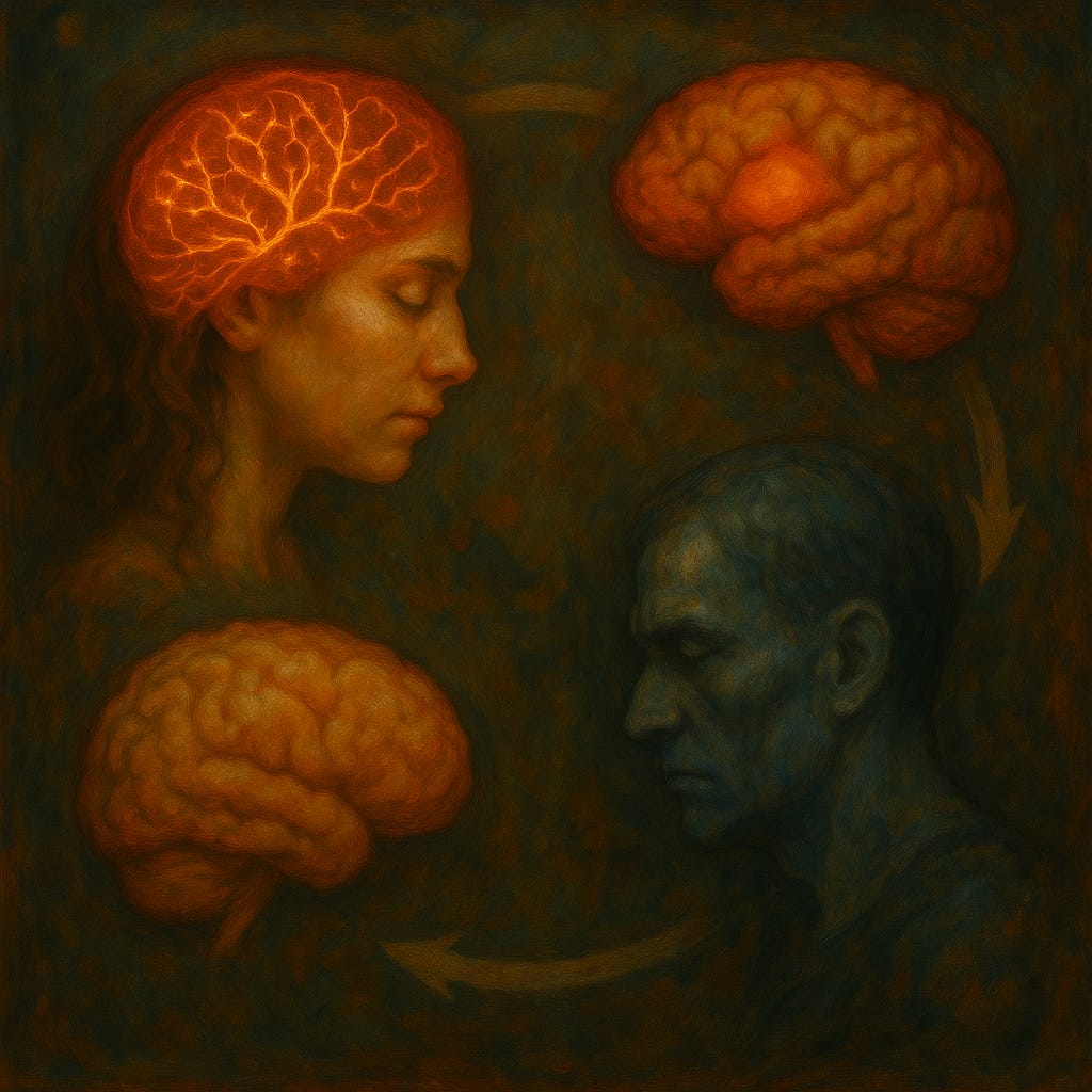Surreal oil painting of a human figure with eyes closed, surrounded by glowing neural branches and veins representing the flow of thought and emotion. The scene subtly fragments into mirrored reflections, creating an endless recursive effect. The glowing brain and branching neural pathways evoke the concept of distorted self-perception, thoughts filtered through unmet needs, and the recursive loops explored in the Mirror Paradigm.