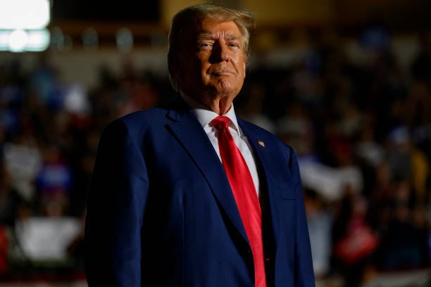 Former U.S. President Donald Trump enters Erie Insurance Arena for a political rally while campaigning for the GOP nomination in the 2024 election on...